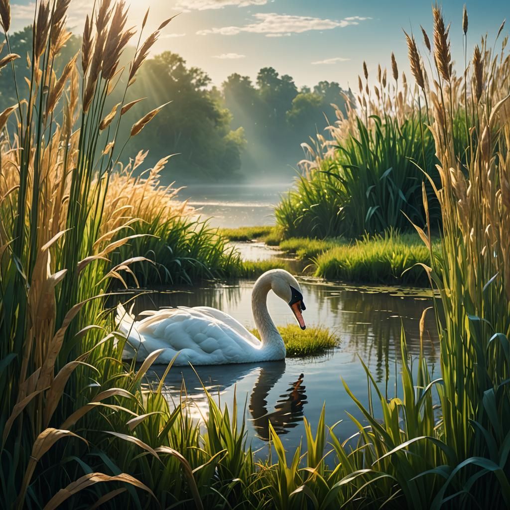 Swan Glides Across Lush Meadow in Matte Painting