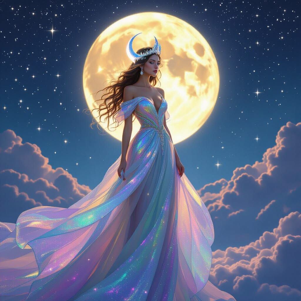 Ethereal Moon Queen with Rainbow Gown Under Starry Sky