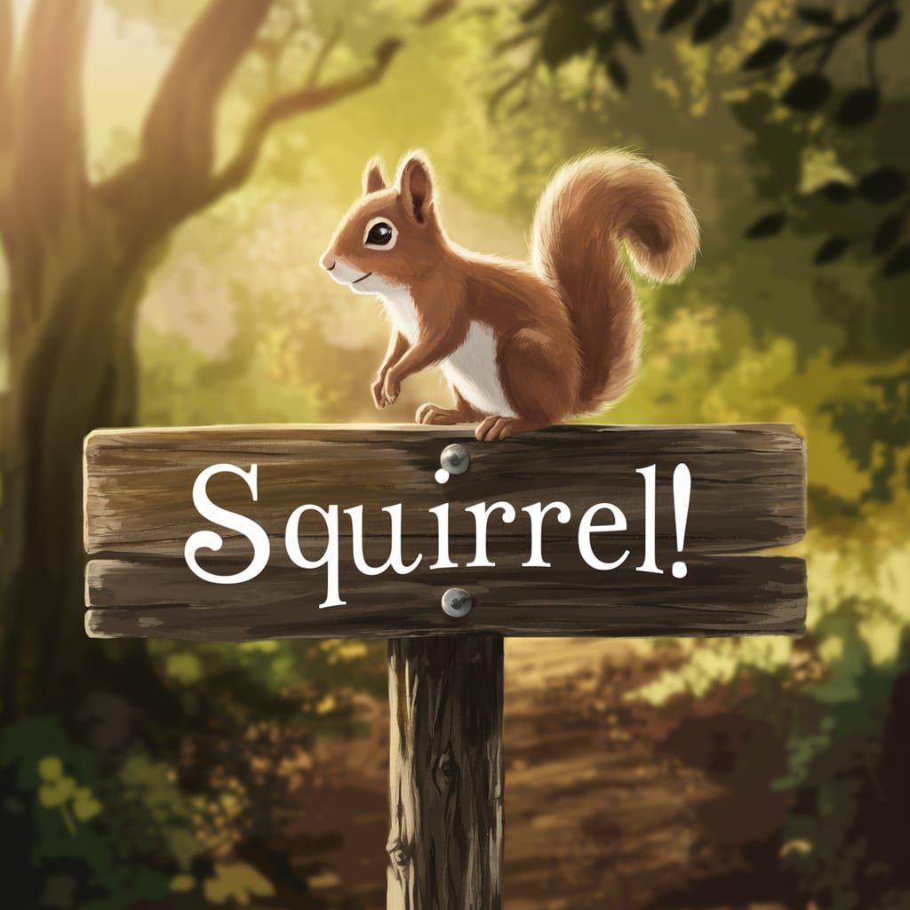 Charming Squirrel Holds Whimsical Sign in Cozy Forest Glade