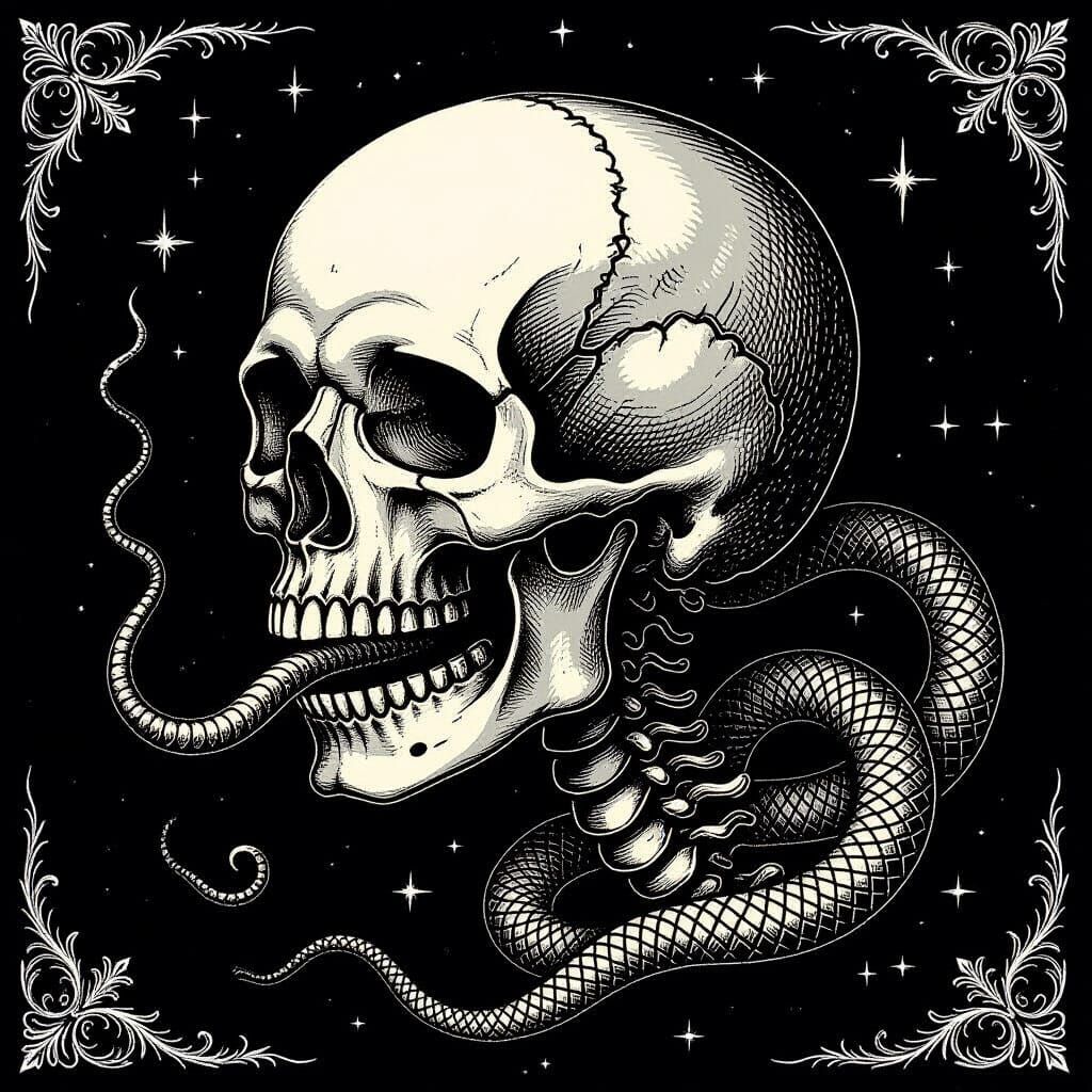 Gothic Dark Mark Skull Serpent Medieval Woodcut Style
