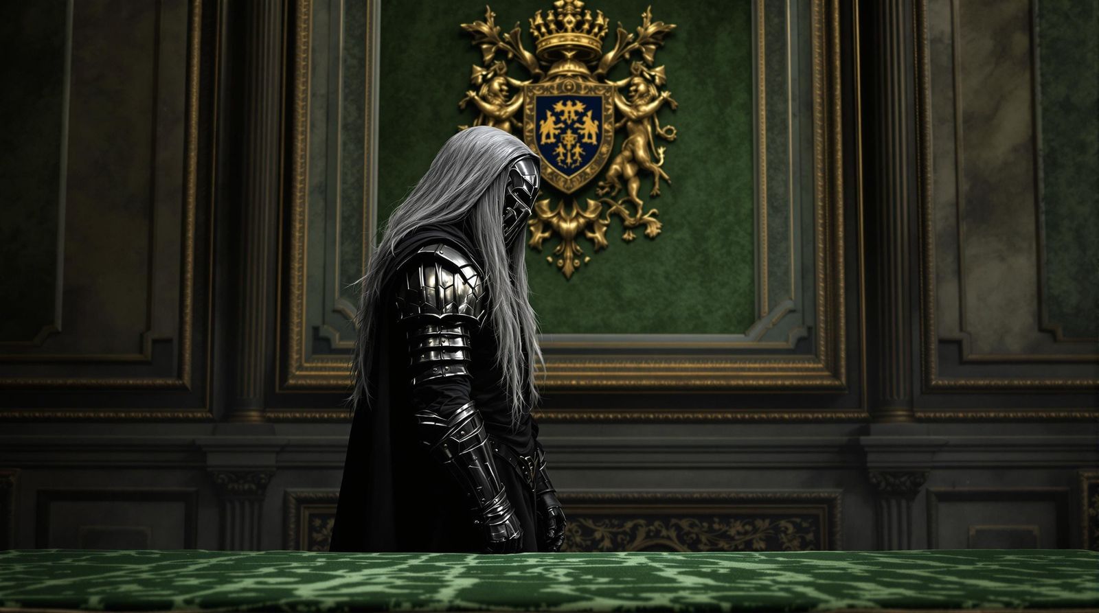 Hooded Figure in Brutalist Armor Portrait