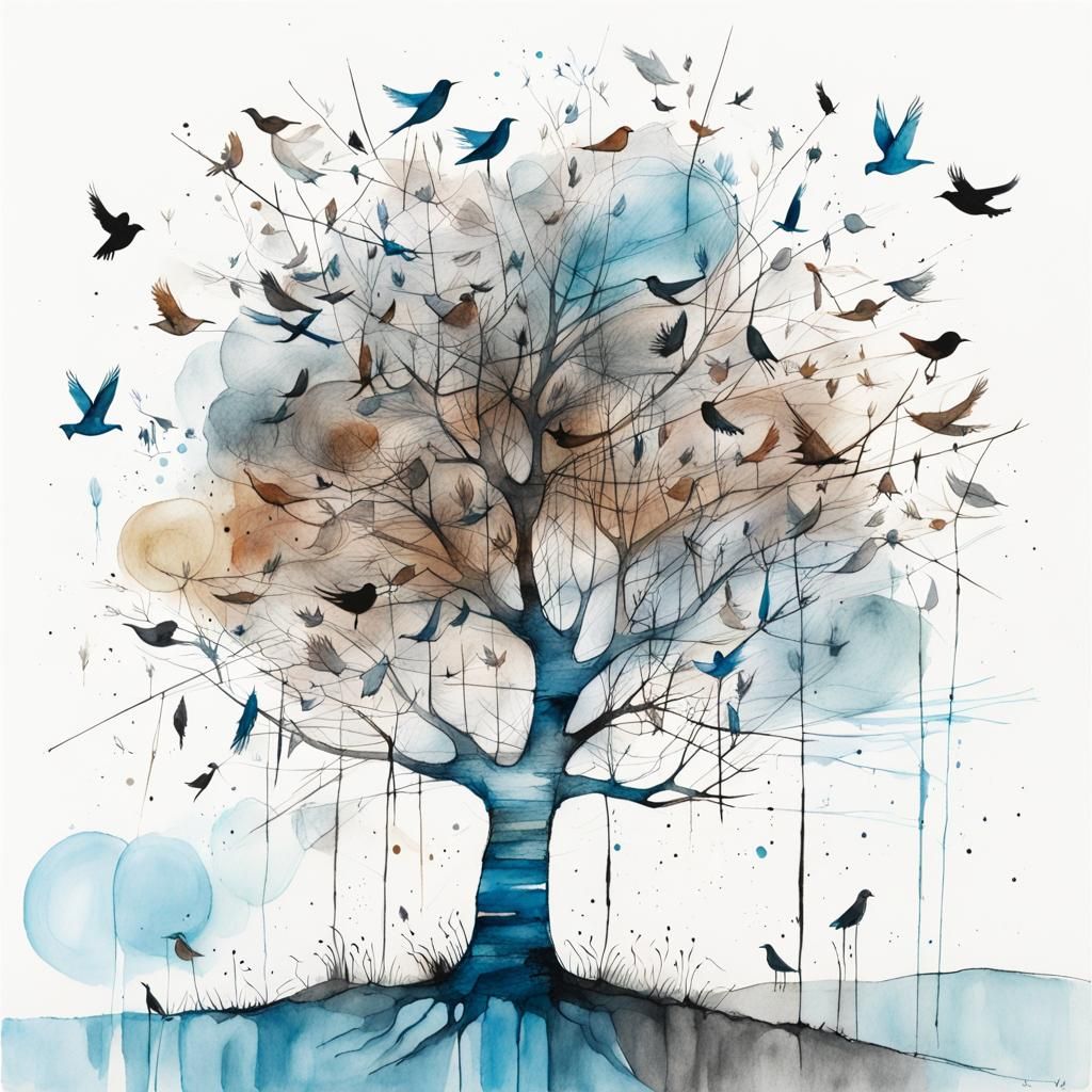 Minimalist Tree with Birds in Ink Wash Drawing