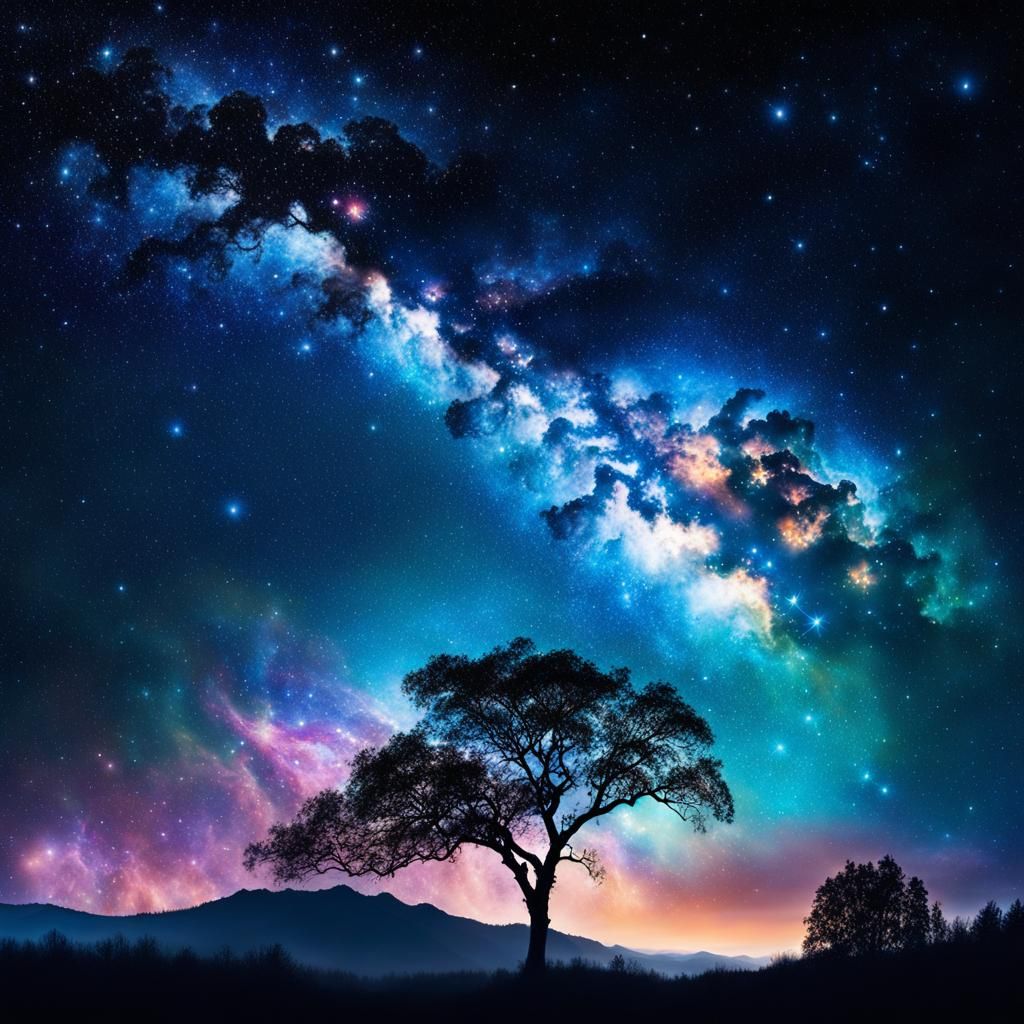 Mother Nature Silhouette with Starry Galaxy