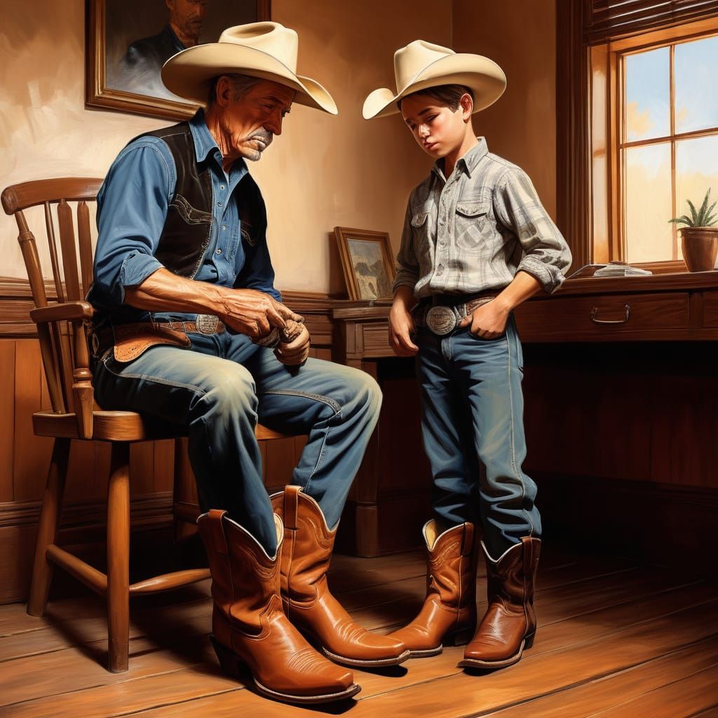 Boy Tries On Cowboy Boots in Sunlit Room