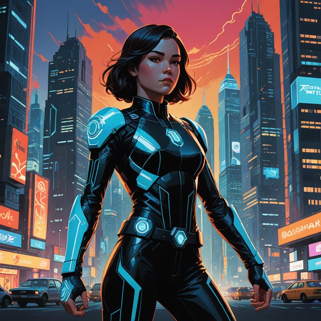 Teenage Girl Superhero in Futuristic Cityscape Costume