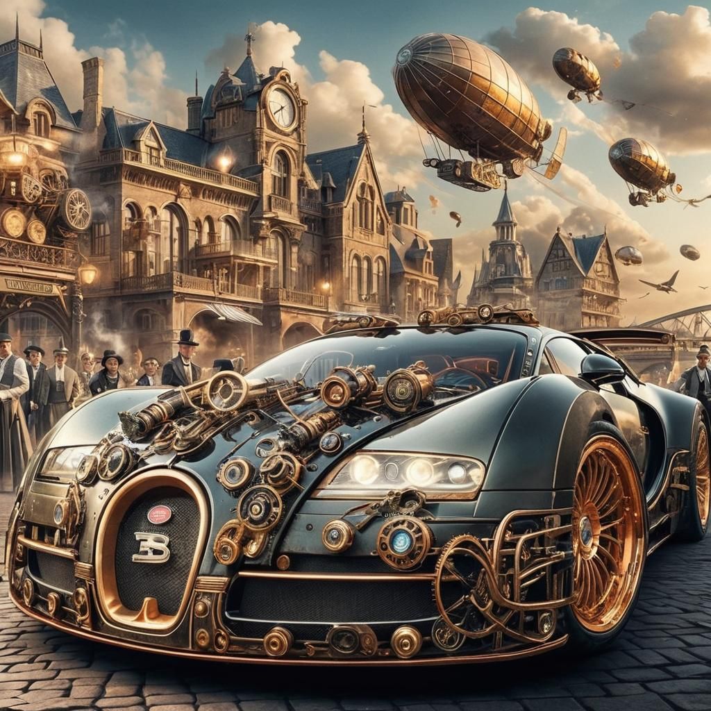 Steampunk Bugatti Veyron in Retro-Futuristic City