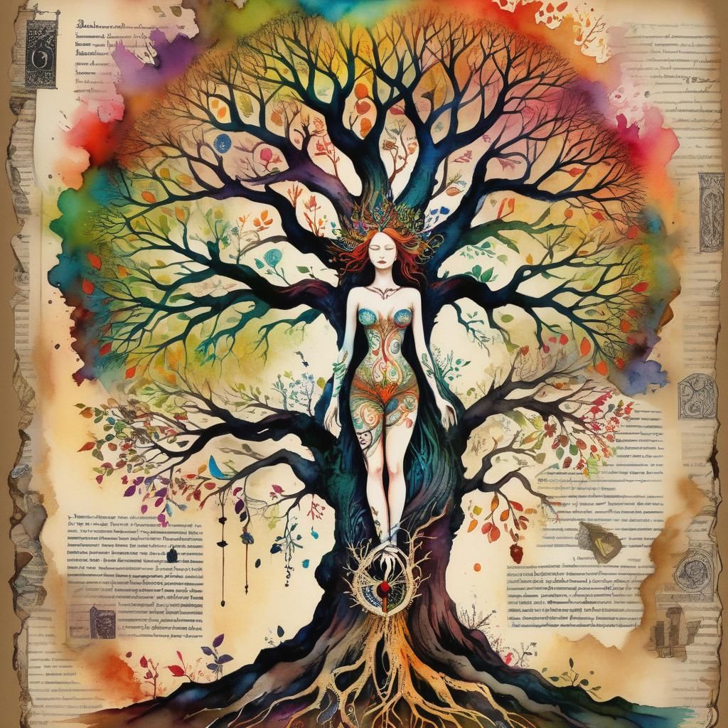 Watercolor Tree of Life with Emerging Woman