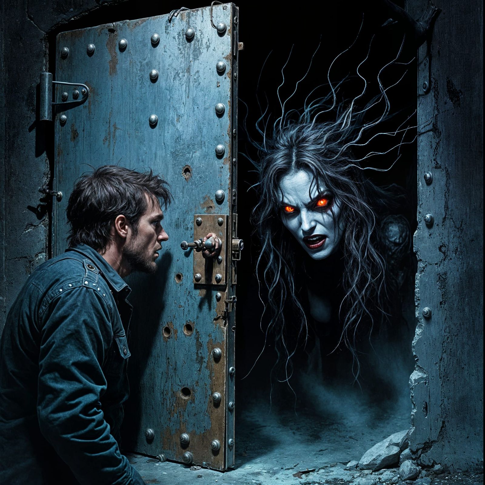 Frightened Man Trapped Behind Demonic Door