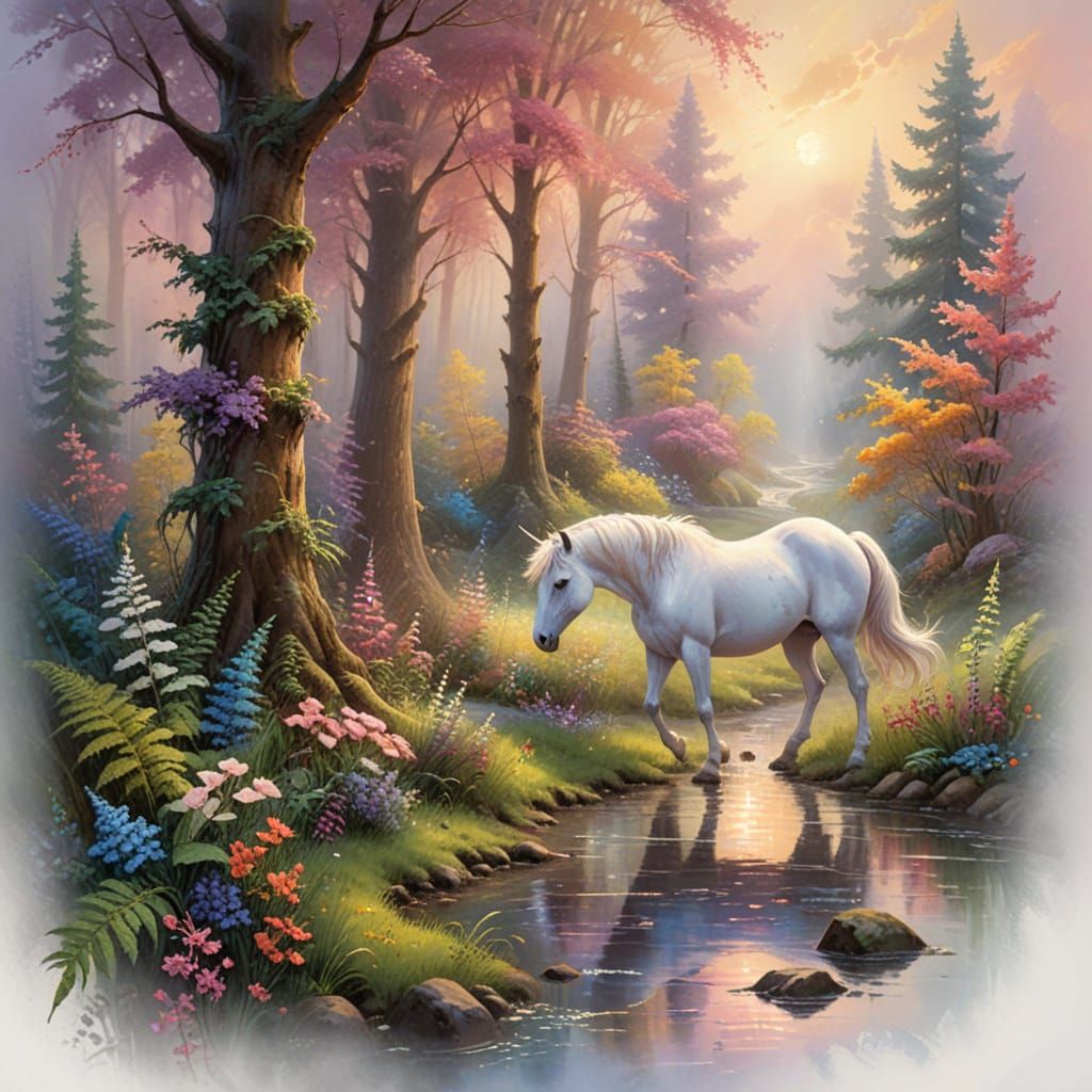Unicorn in Spring Glade: Gouache and Watercolor Impressionis...