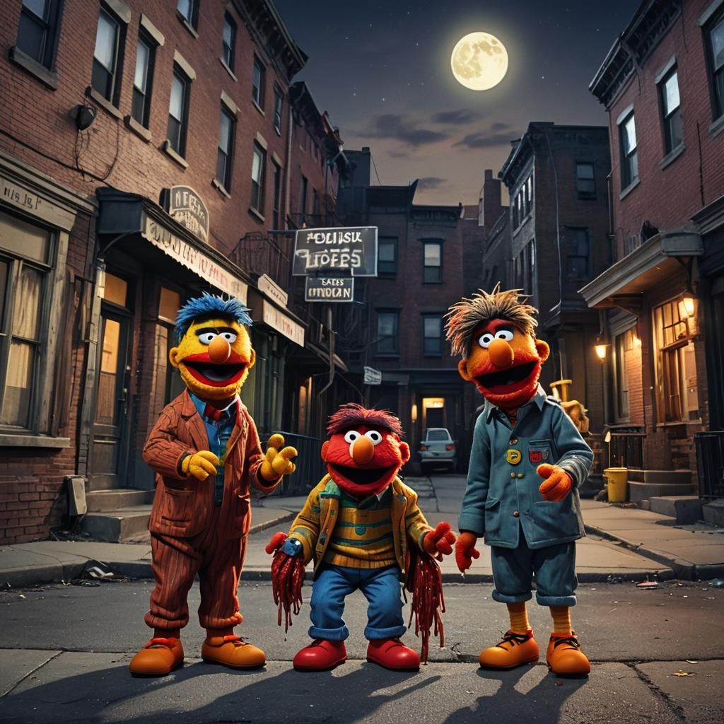 Evil Bert and Ernie with bloody filthy hair, glowing eyes, bloody fangs, moon light illuminated, Sesame Street sign in f...
