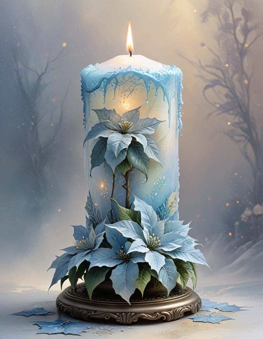 Blue Poinsettia Grows from Burning Candle in Watercolor