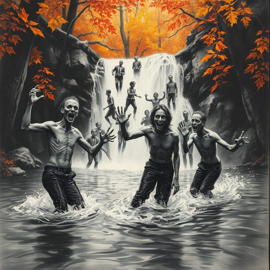 Zombies Dance Joyfully Under Autumnal Waterfall in Charcoal ...
