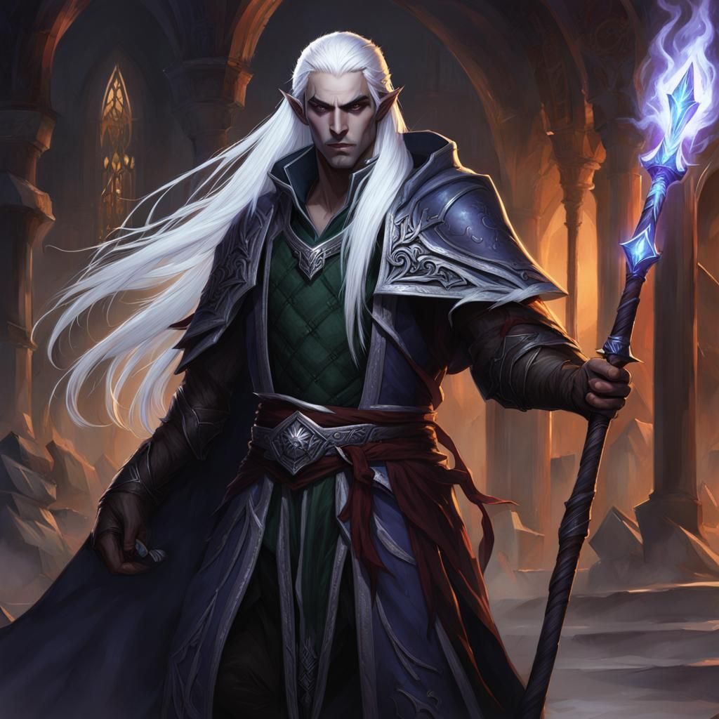 Drow Elf Warlock with Staff in Digital Art