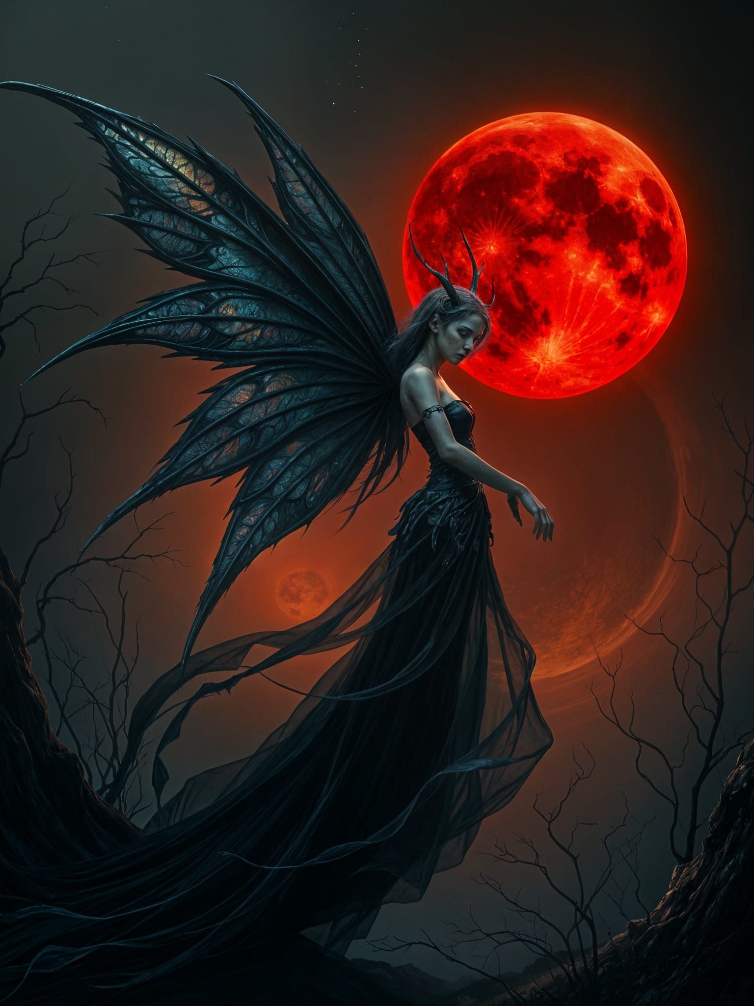 Mystical Fairy Under Crimson Moon