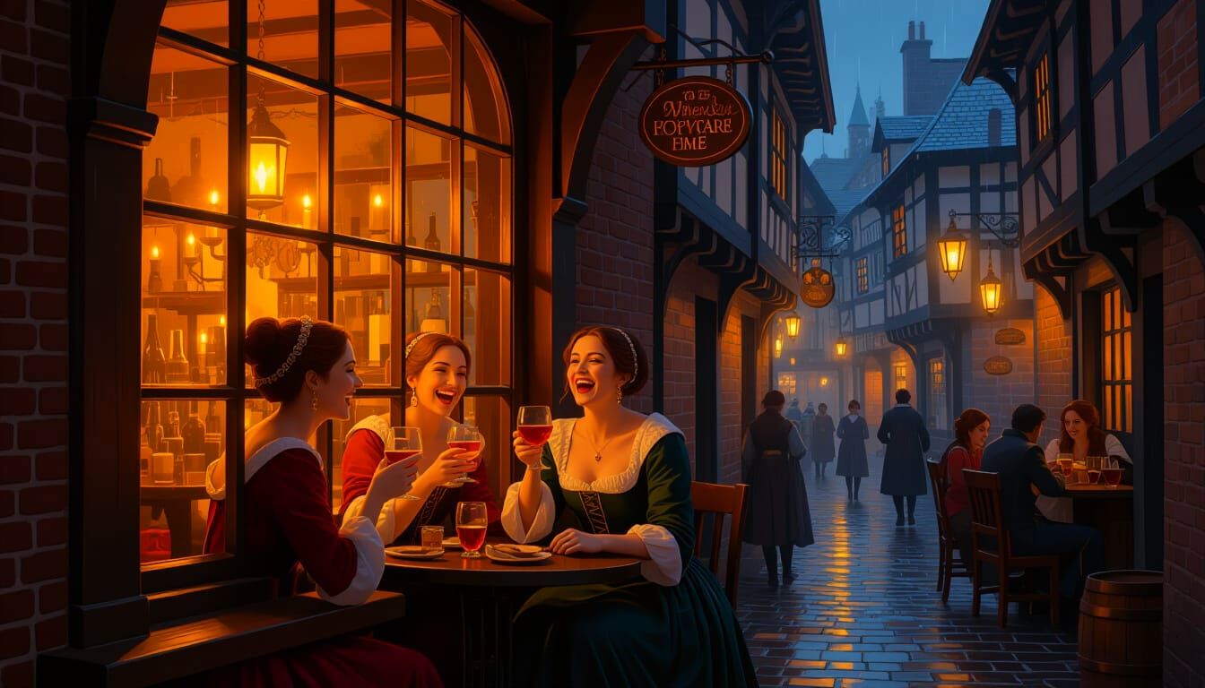 Cozy Tavern Window on Rainy Night, Medieval Alleyways