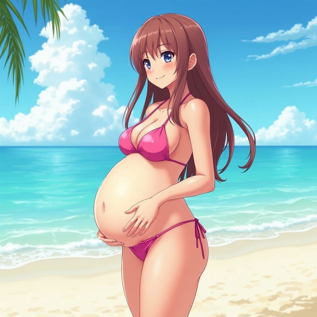 Anime Woman with Pregnancy Belly on Beach in Pastel Style