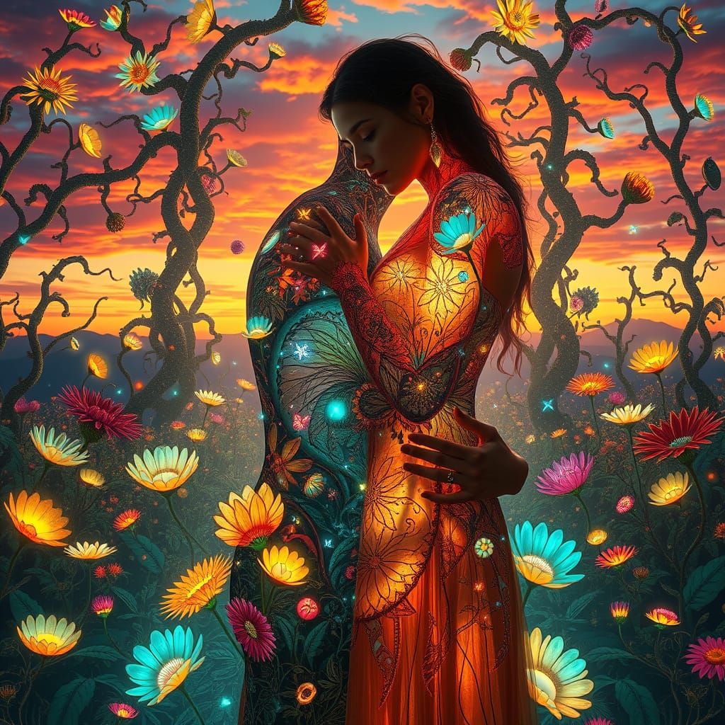 Dreamlike Surrealist Landscape with Mystical Couple and Whim...