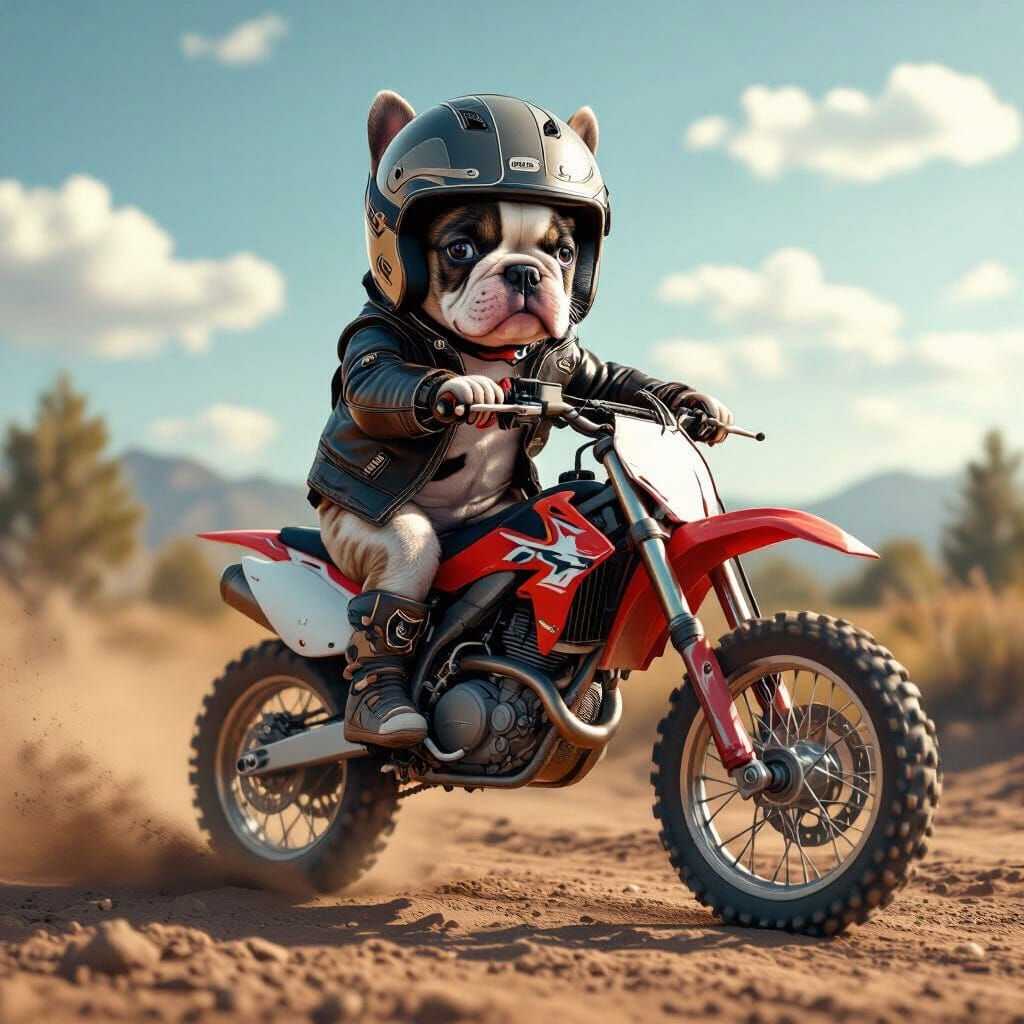 French Bulldog Puppy Rides Motocross Bike in Realistic Digit...