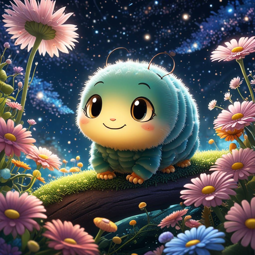 Happy Caterpillar in Chibi Style with Flowers