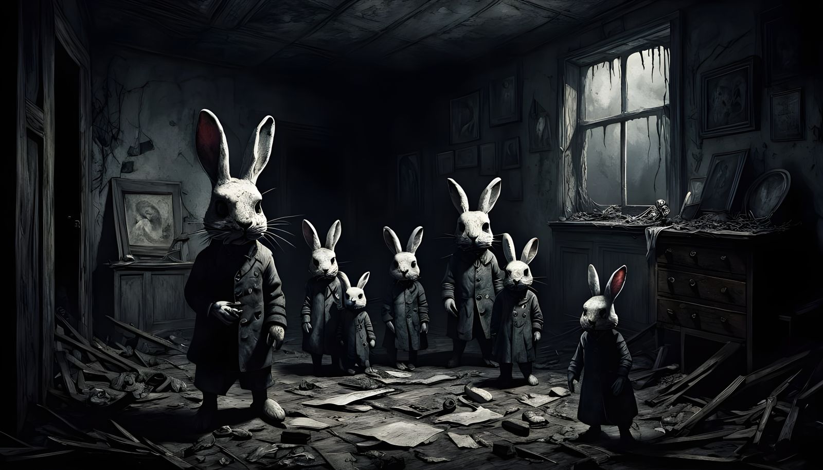 Creepy Evil Stuffed Rabbit Family Portrait