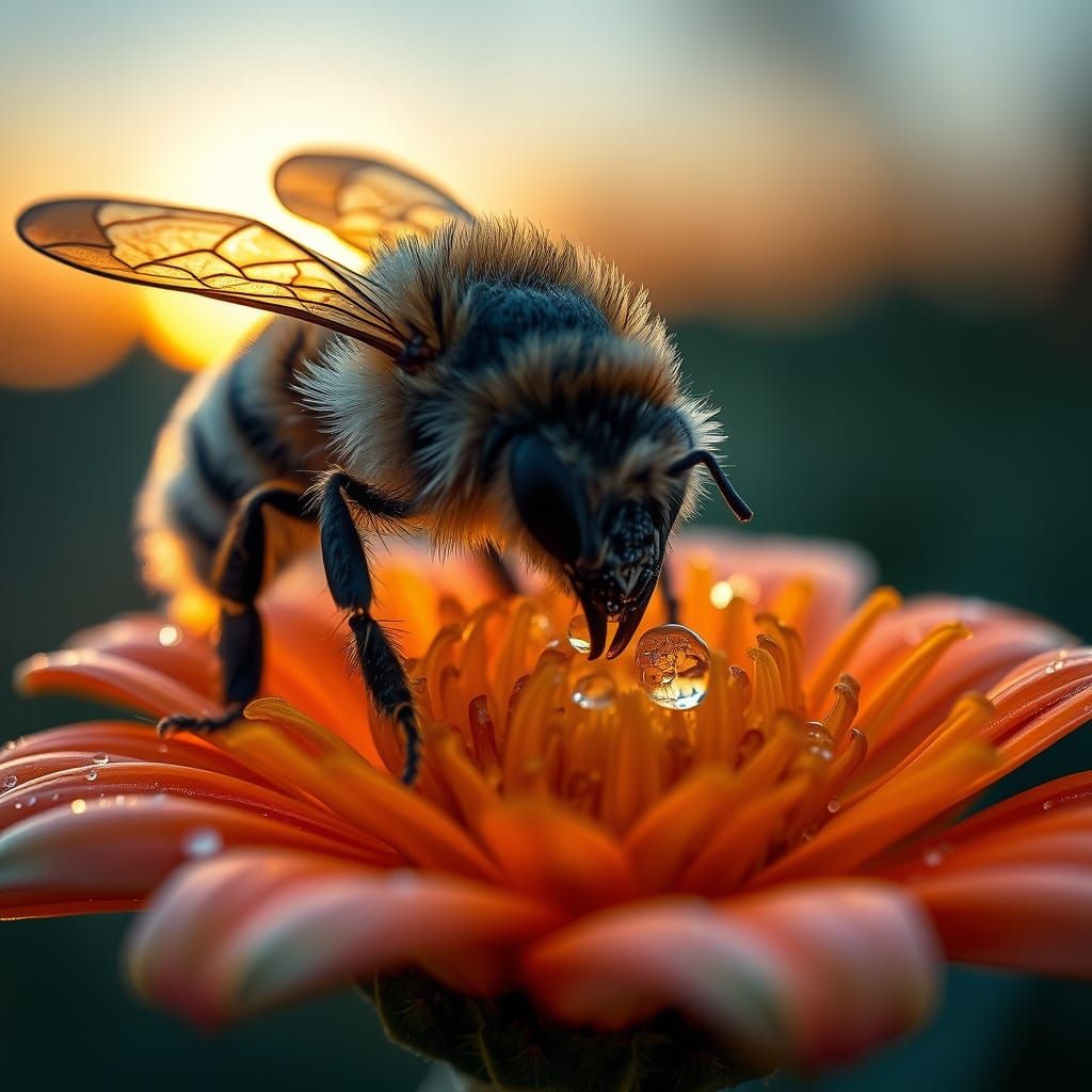 Golden Hour Bee Amidst Hyperrealistic Floral Wonders