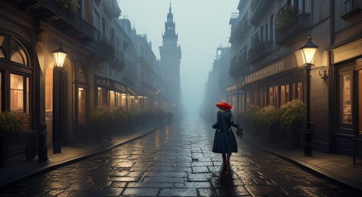 Elegant Woman Strolls Through Historic European City in Red ...