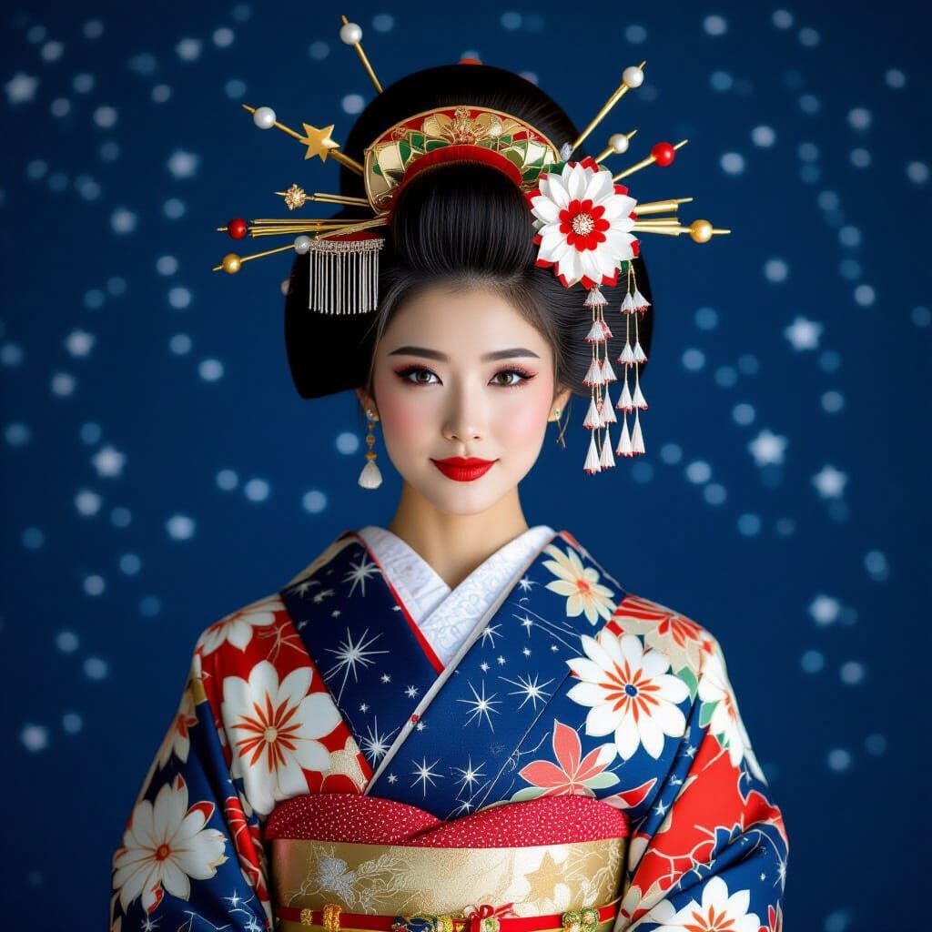 Regal Asian Woman in Starry Night Extravagant Attire