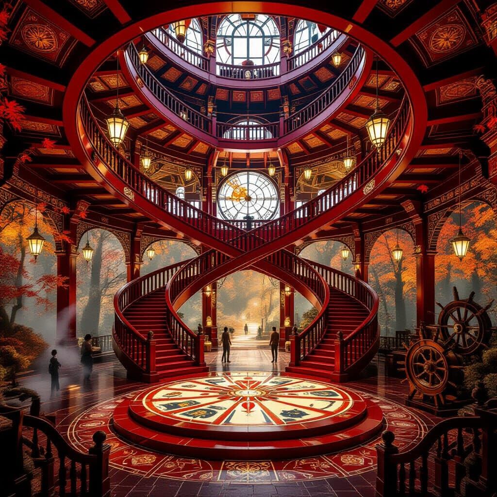 Grand Interior with Red Helix Staircases to Seasonal Realms