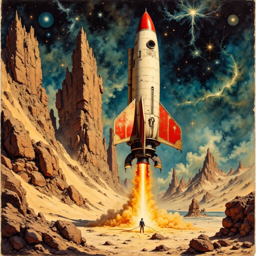 Retro Sci-Fi Rocket Launch on Alien Planet