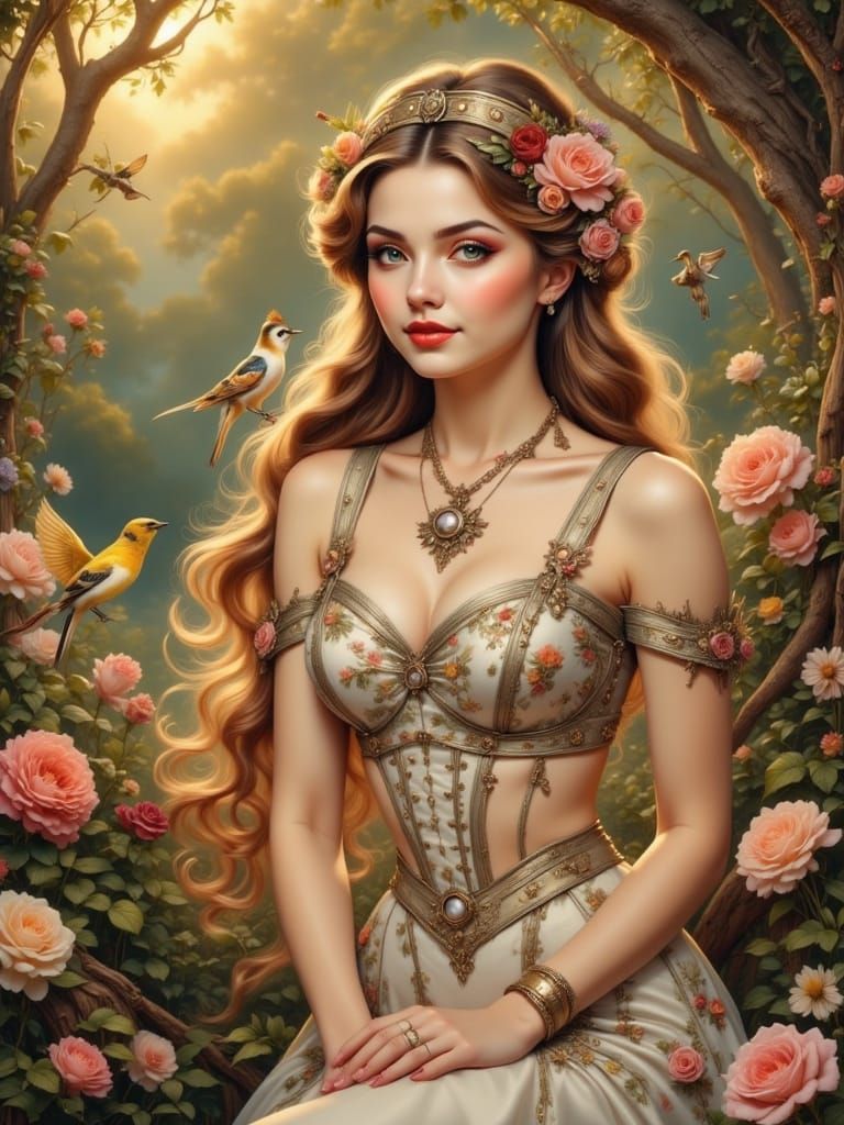 Steampunk Beauty in Tranquil Garden, Art Nouveau Style
