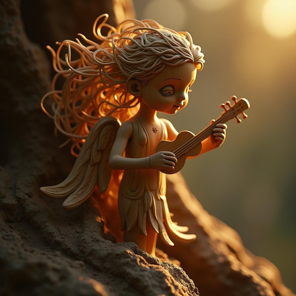Ethereal Music Sprite Wood Carving with Cinematic Lighting