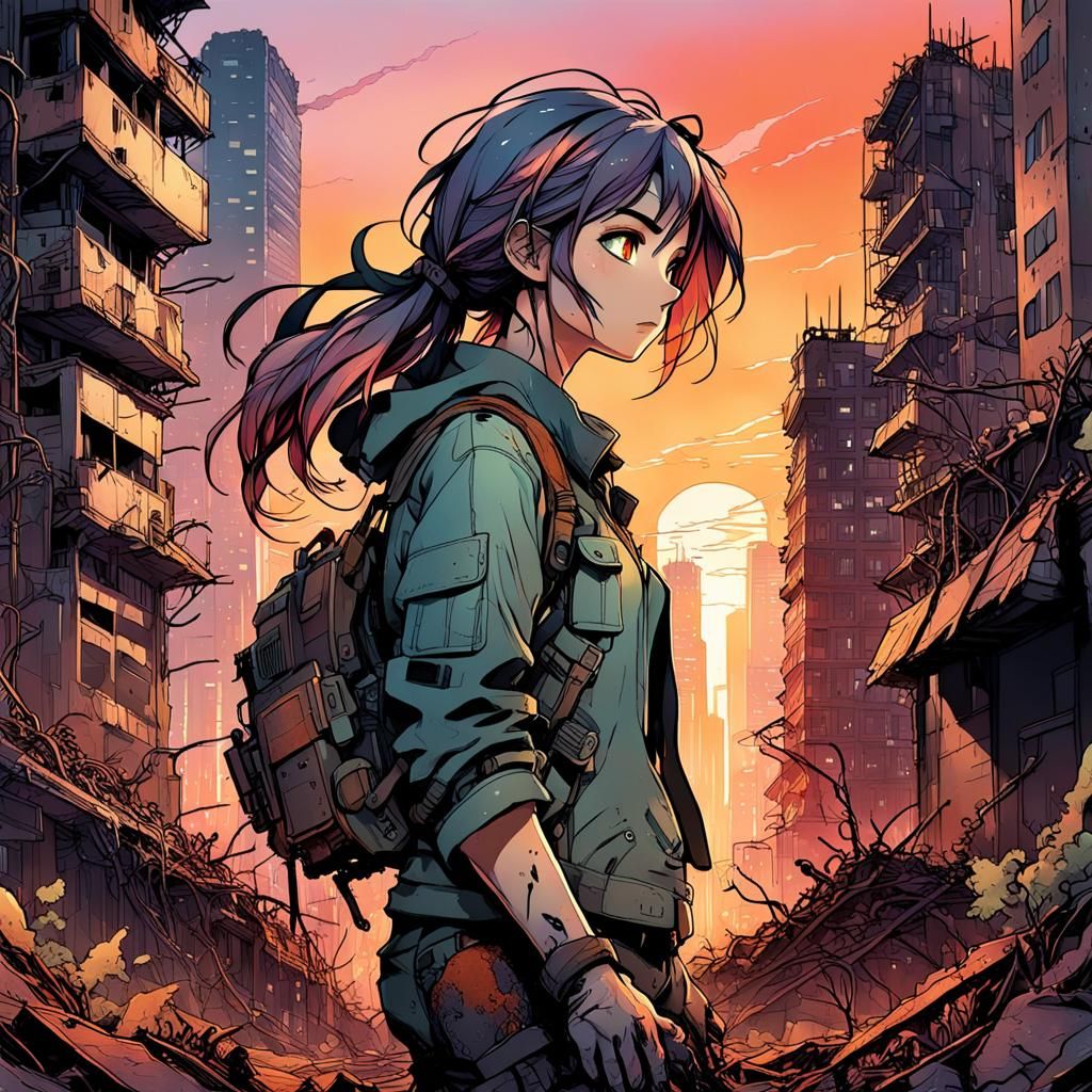 Anime Woman in Post-Apocalyptic Cityscape