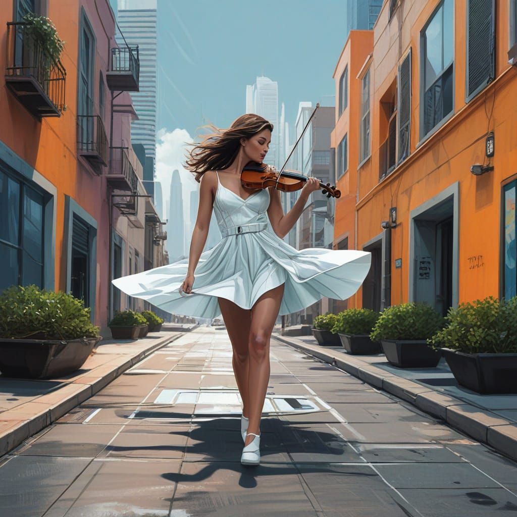 Futuristic Musician Dances in Neon Cityscape