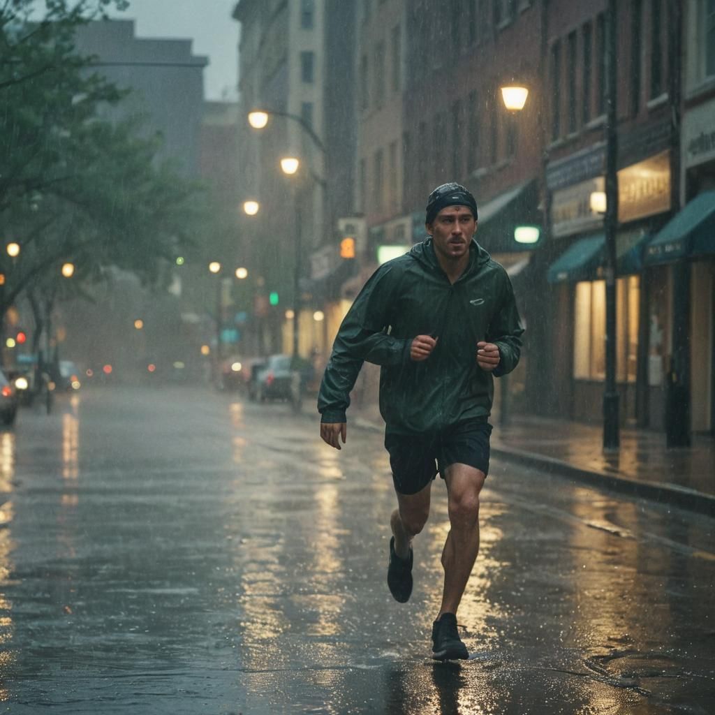 Cinematic Rain Runner in City at Dusk