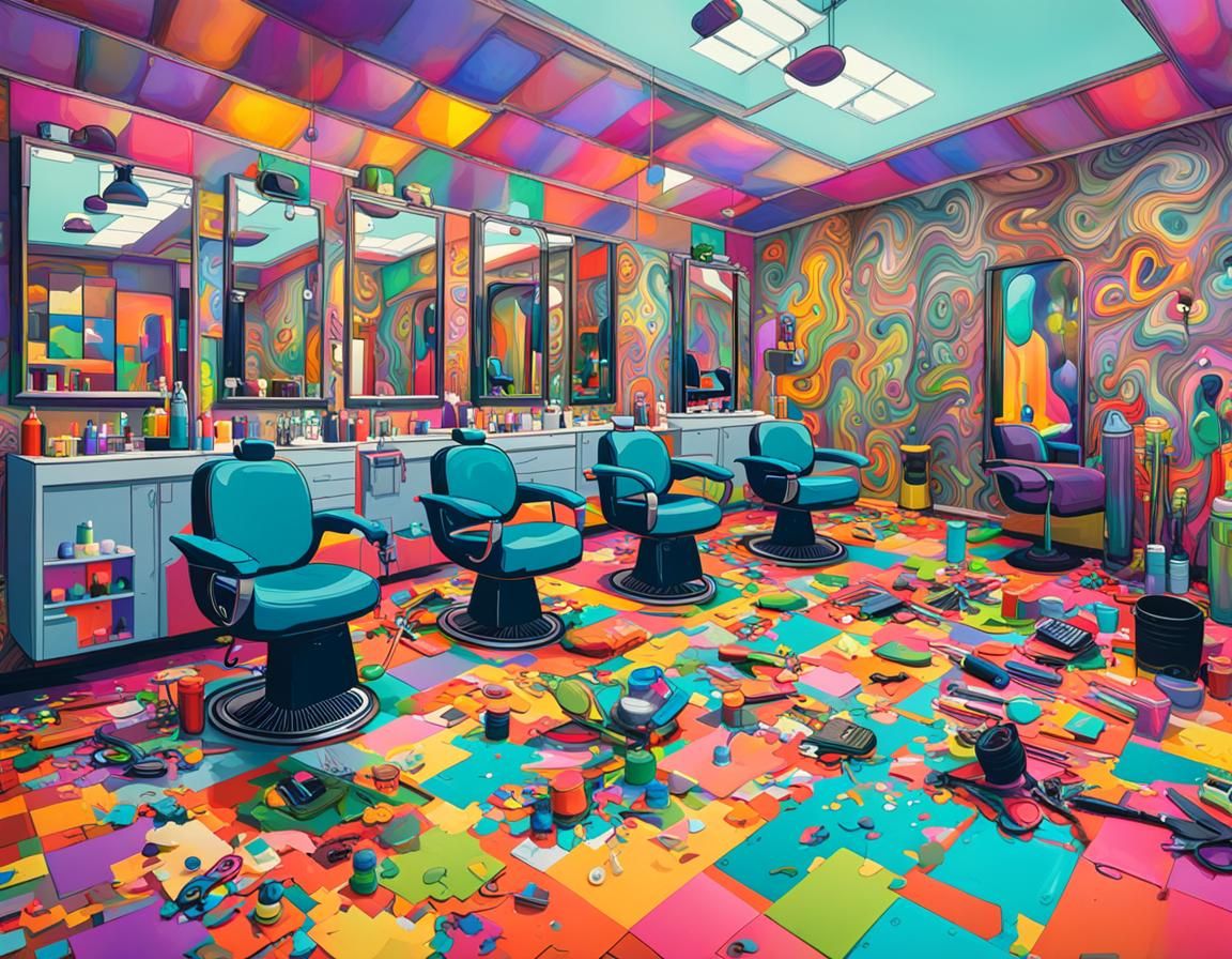 Psychedelic Hair Salon Interior with Colorful Art