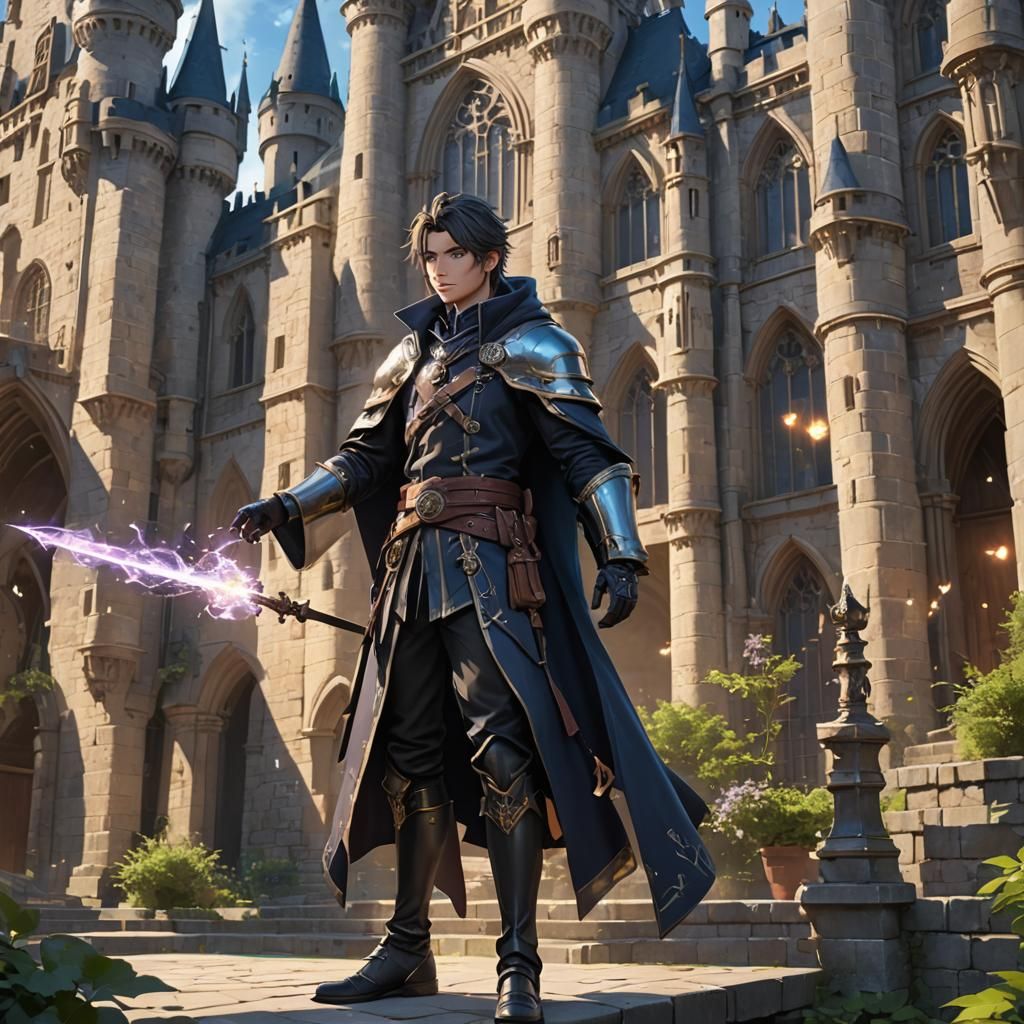 Young Wizard Casting Spells at Castle, Anime Art