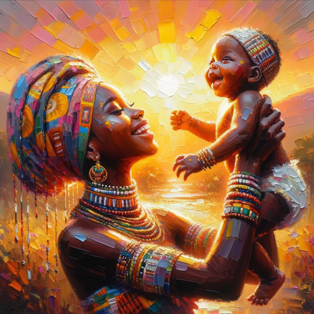 Joyful Mother Lifts Baby in Sunrise Impasto Painting