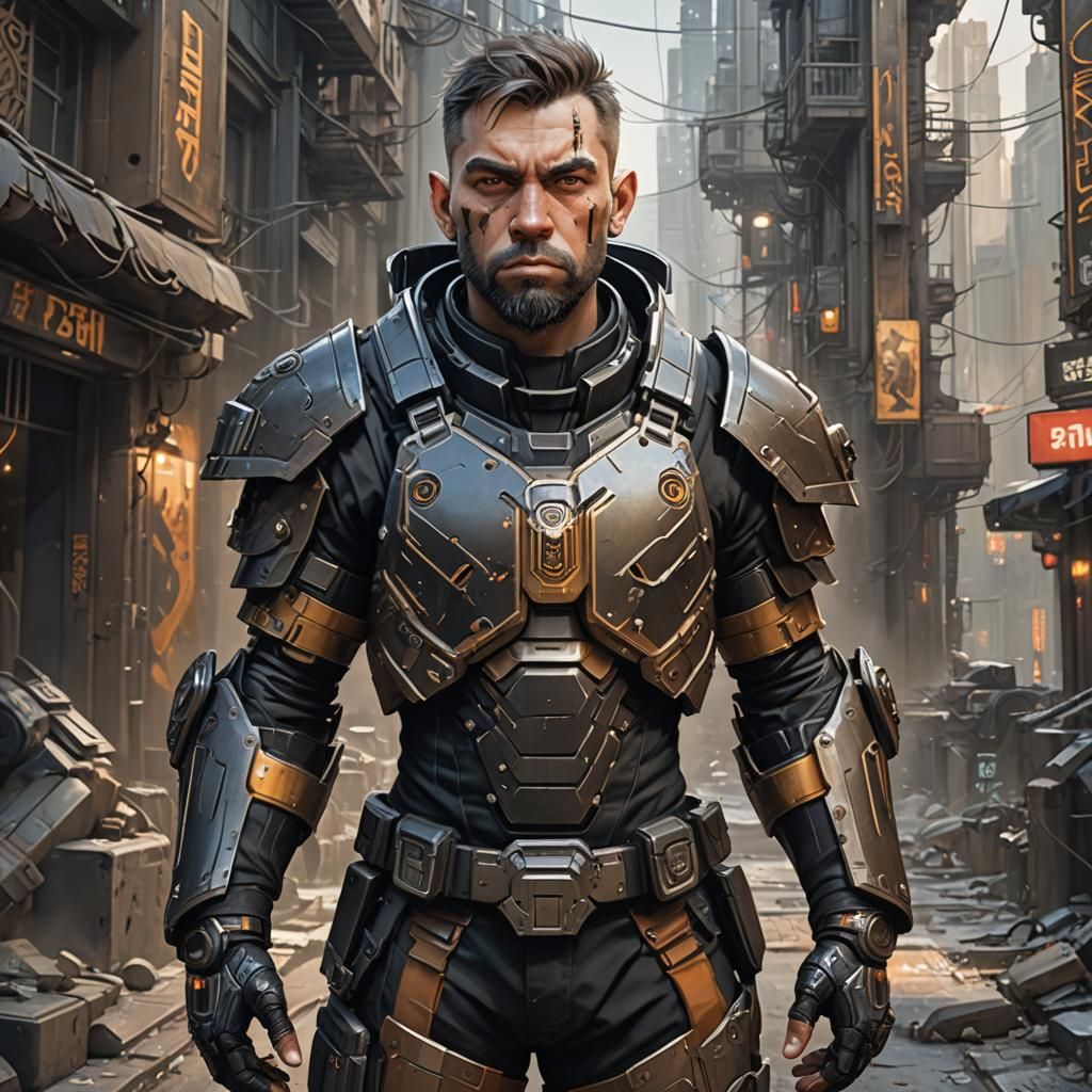 Cyborg Dwarf Mercenary in Dystopian City