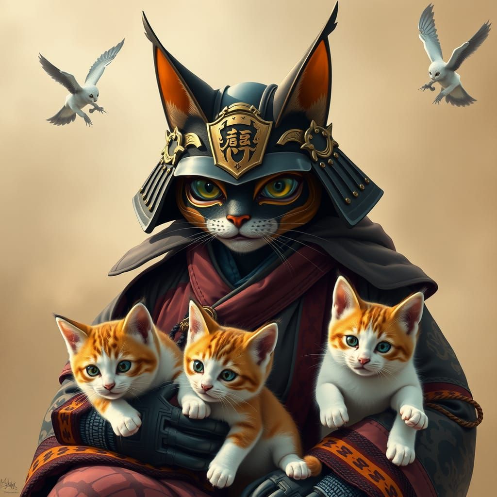 Samurai Cat with Kittens: Feline Warriors