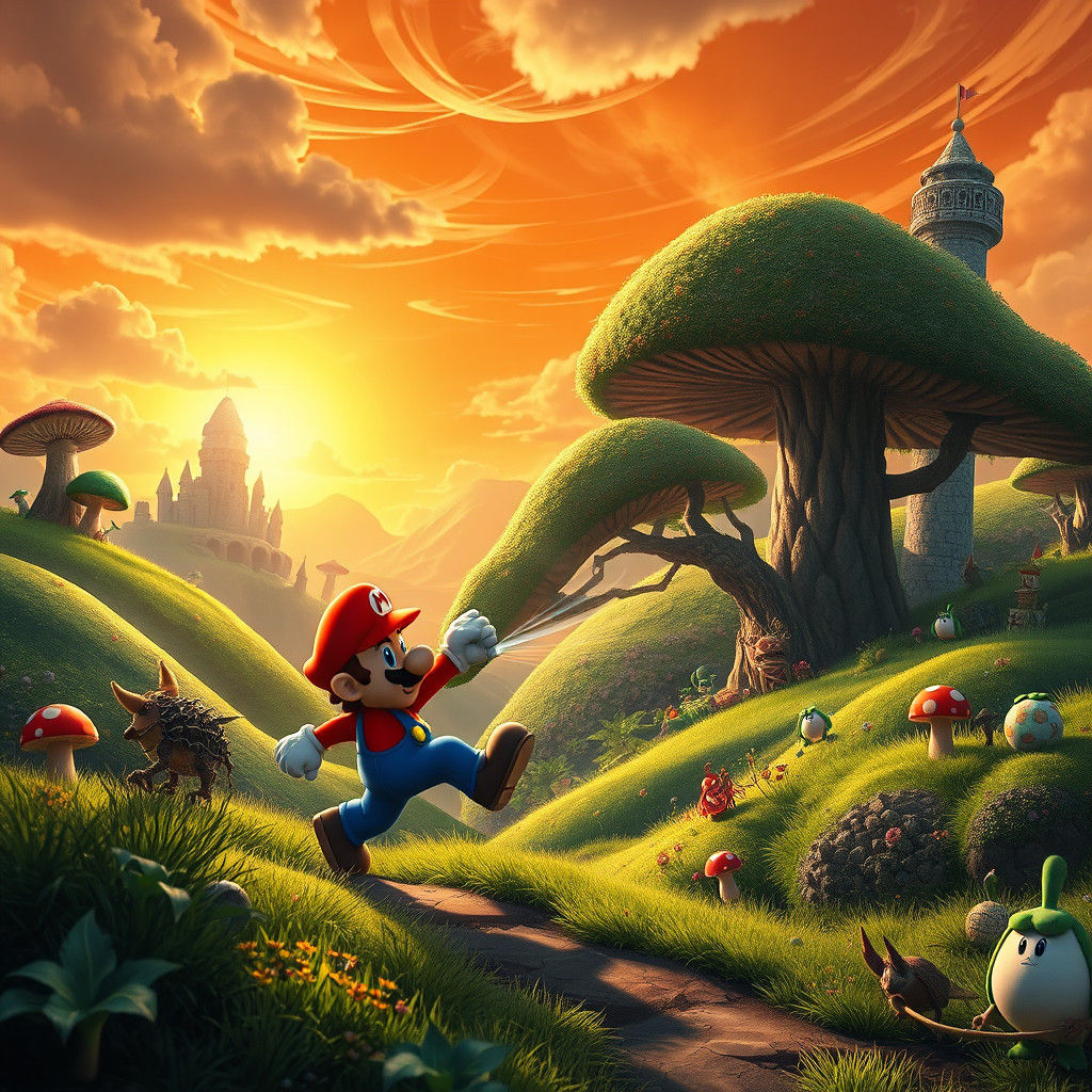 Mario and Luigi Battle in Fantasy Landscape