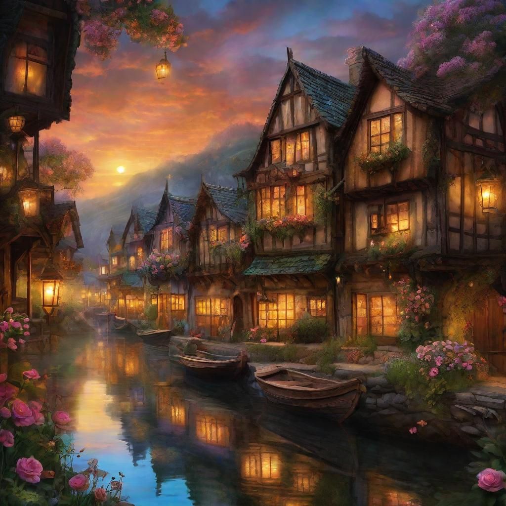 Enchanting Lakeside Medieval Fishing Village at Sunset
