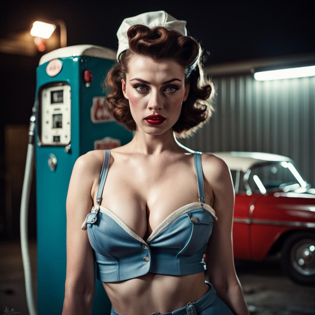 1950s Pin-Up Girl at Gas Station