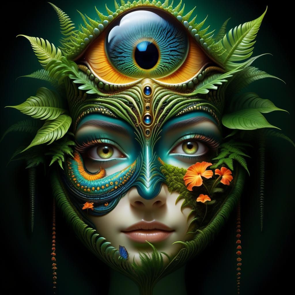 Surreal Biomechanical Forest Face in Vibrant Colors