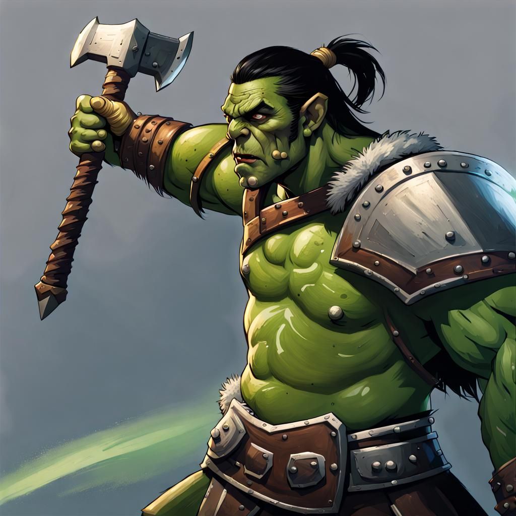 Half-Orc Barbarian Gladiator with Warhammer and Shield