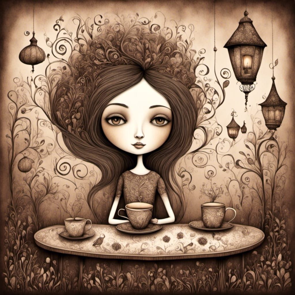 Whimsical waif, so light and fair,
delighting in her teatime flair.