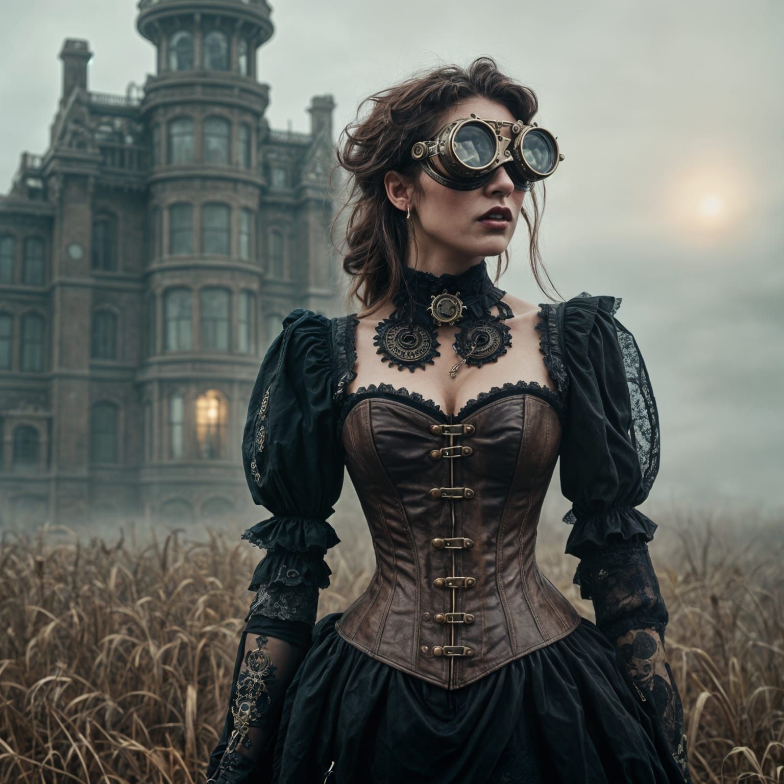 Steampunk Woman in Misty Field with Victorian Mansion