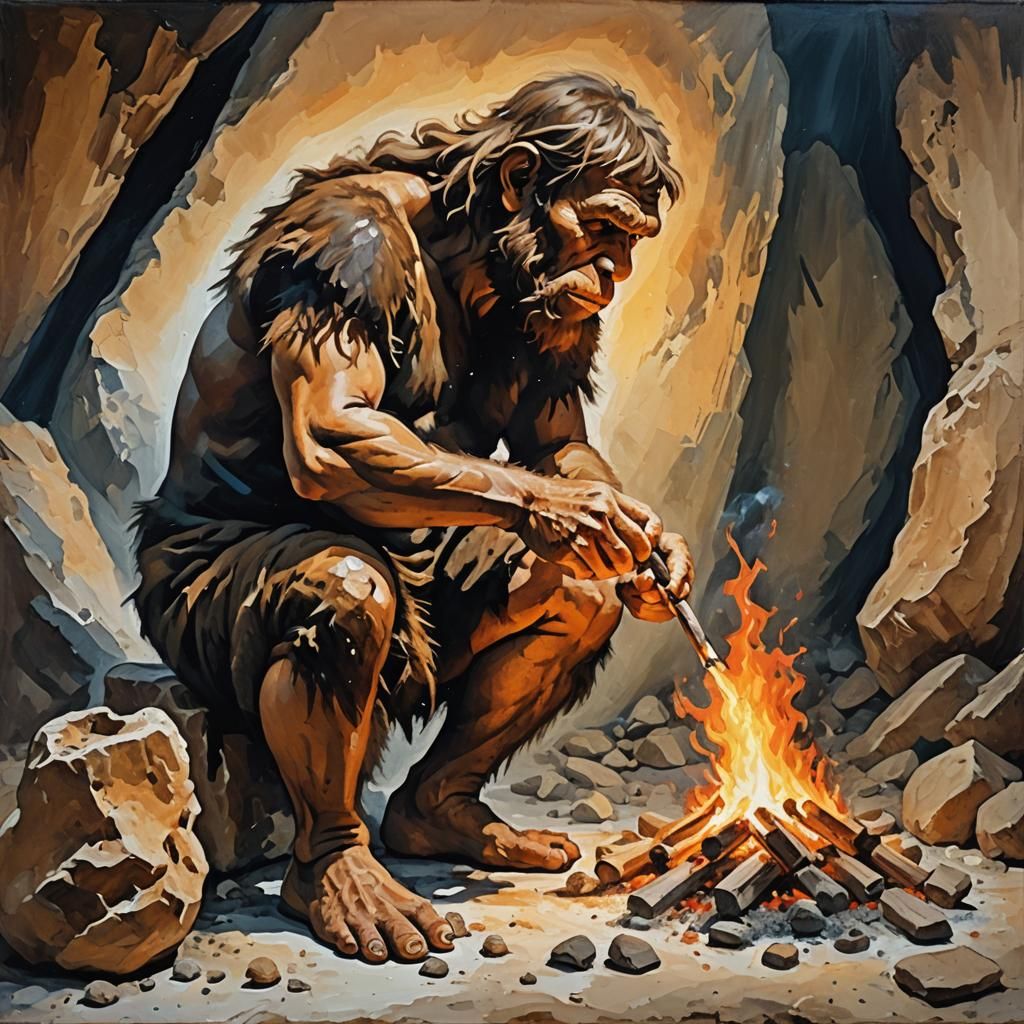 Neanderthal Making Fire in Oil Painting Style