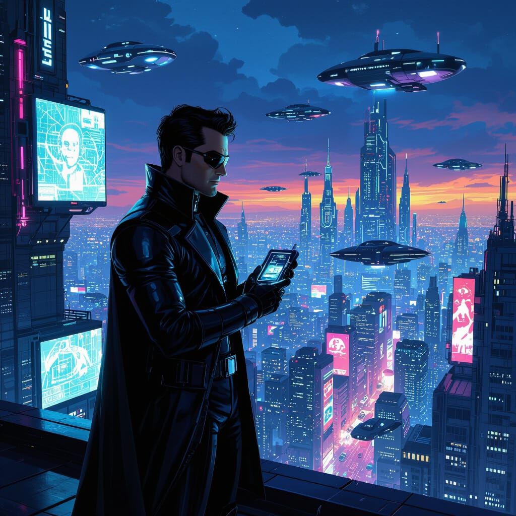 Sci-Fi Rogue on Neon Rooftop Overlooking Metropolis