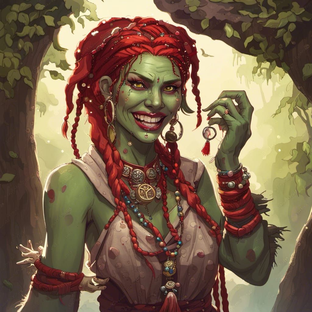 Orc Fortune Teller with Tambourine, Realistic Matte Painting