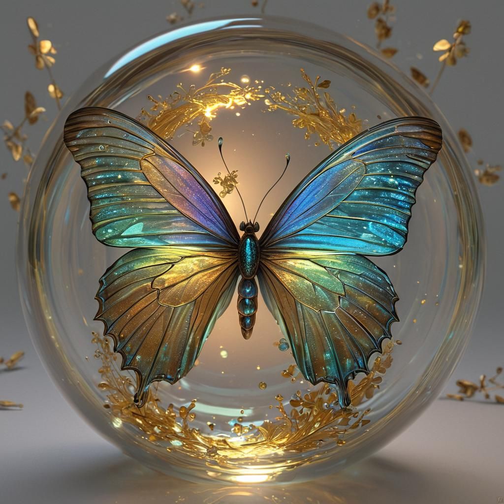 Bioluminescent Butterfly in Crystal Ball, Hyperrealistic Art